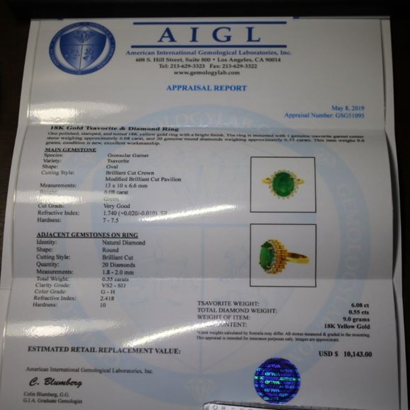 Certified Tsavorite 6.08ct Diamonds 22K Gold Ring - Picture 10 of 10